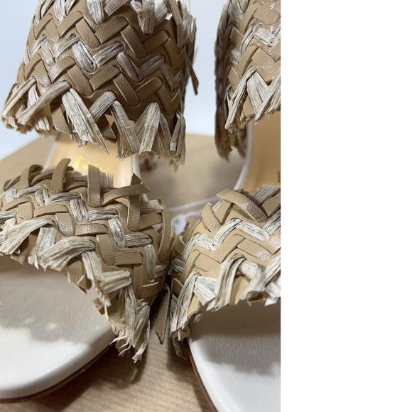 Meroine 85mm raffia Tan Woven fringe heels mules D985 - Picture 9 of 11